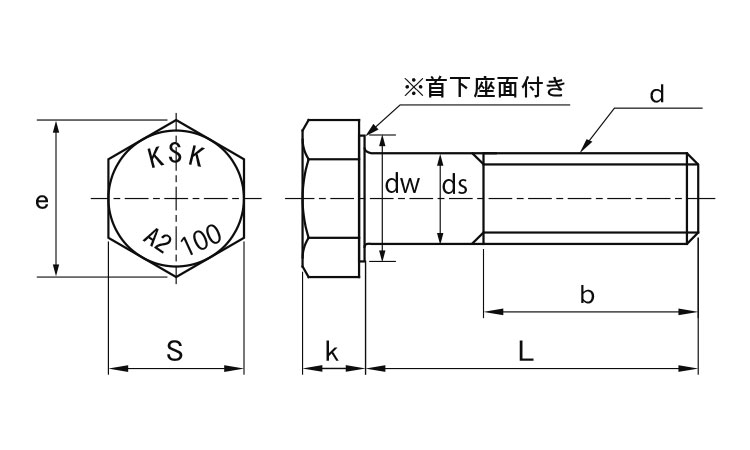 Ａ２－１００　六角ボルト（半ねじ図面