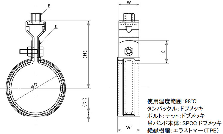 ＥＬフラット吊バンドＶＰ管１１５図面