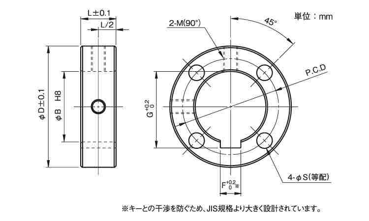 セットカラー　キー溝・４穴付図面